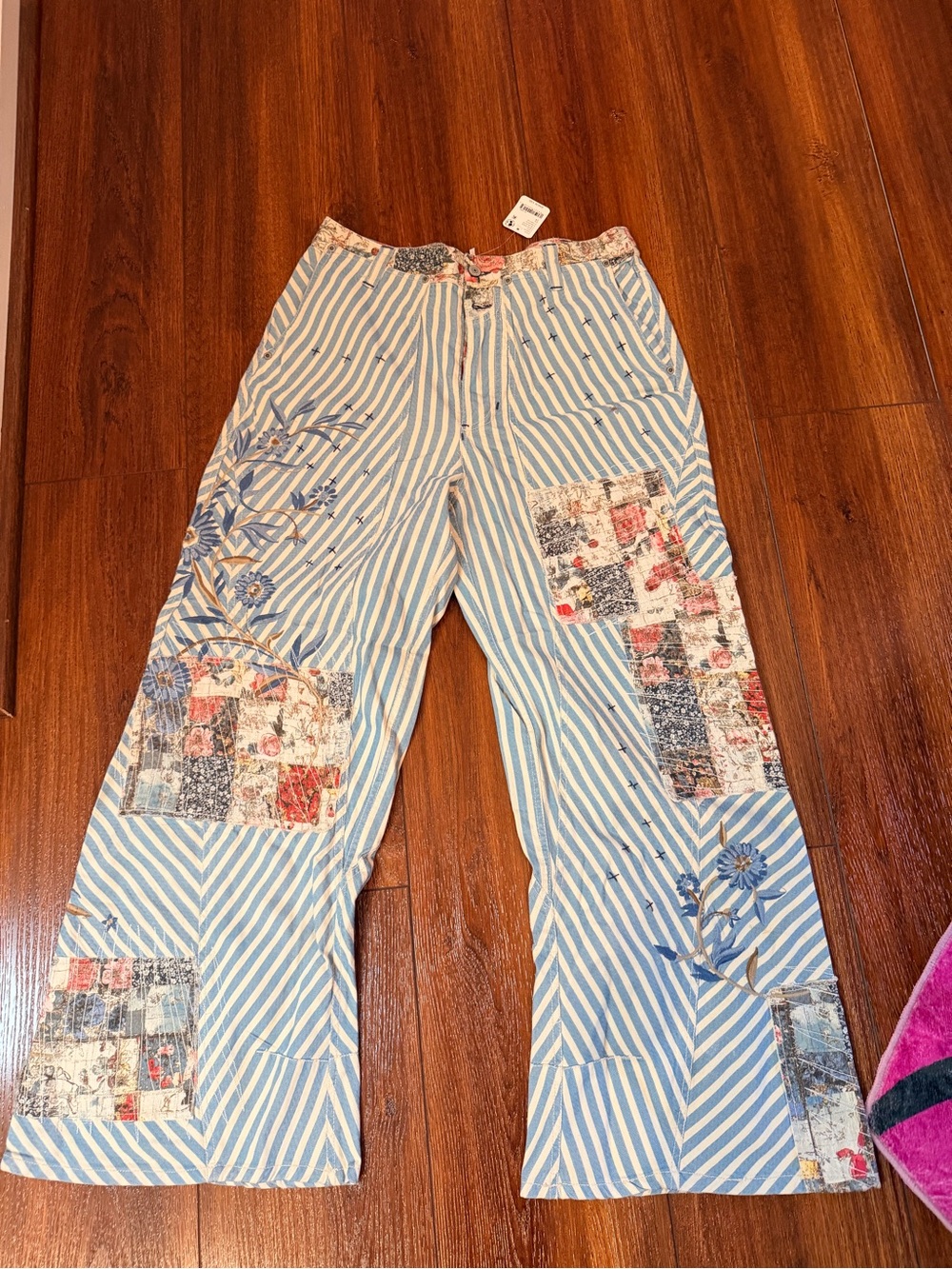 Free People Blue & White Striped Wide-Leg Patchwork Pants